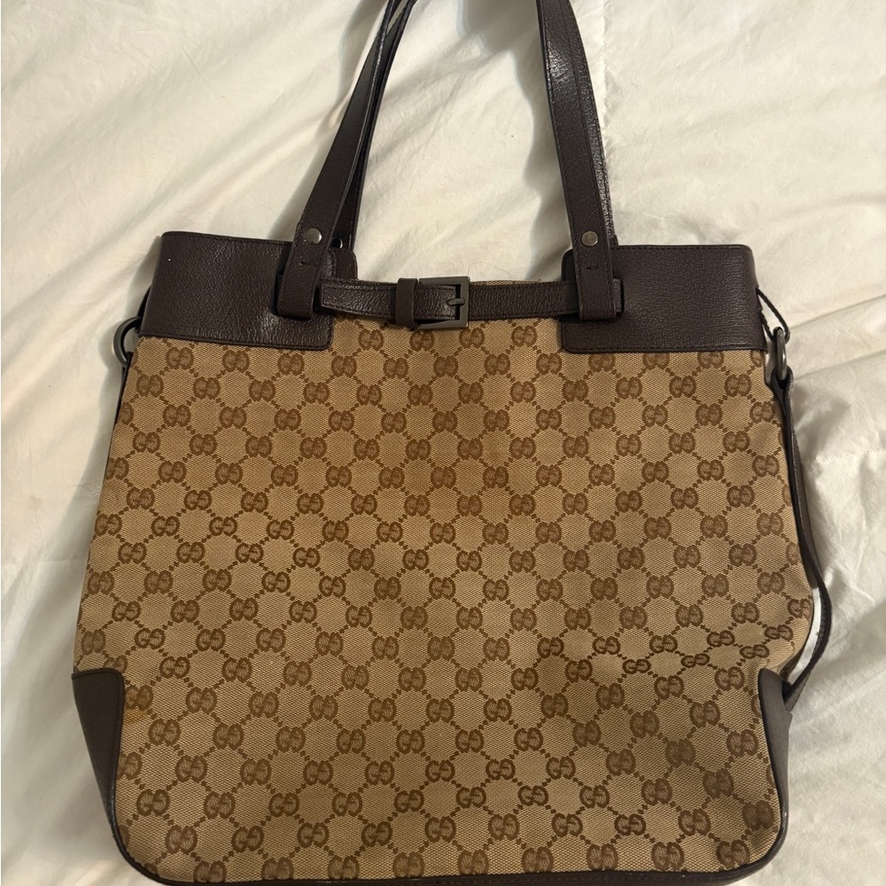 Gucci Brown Leather Trim Monogram Tote